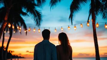 Joyful couple watching a sunset on a tropical beach palm trees tiki torches and New Year banners festive mood photo