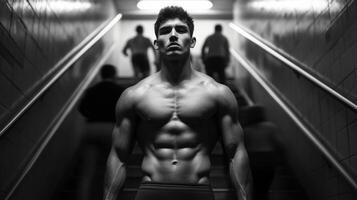 Man in warrior pose on the steps of a subway station while crowds hurry up and down stairs photo