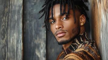 Man with dreads wearing an eclectic mix of patterns and textures leaning against a rustic wooden door moody light photo