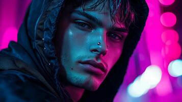 Man with silver piercings and sharp cheekbones sporting a dark hooded jacket neon cityscape in the background photo