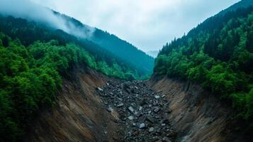 Massive landslide crushing a mountainside rocks and debris sliding down violently through dense green forest photo