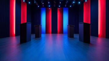 Modern debate studio with red white and blue lighting sleek podiums and digital background with USA flags photo