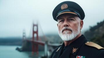 Older veteran in uniform before the Golden Gate Bridge with fog rolling in from the bay photo