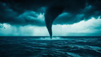 Rare waterspout tornado over a calm sea twisting column of water rising from ocean surface into a dark sky photo