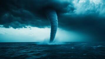 Rare waterspout tornado over a calm sea twisting column of water rising from ocean surface into a dark sky photo