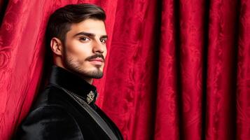 Regal man with a long velvet coat high collar and jeweled brooch standing against a textured red curtain photo