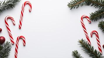 Simple white Christmas background large central space for text tiny candy canes and green fir branches on sides photo