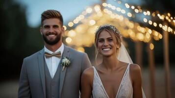 Smiling bride and groom walking under a delicate arch of fairy lights evening setting with soft twinkling glow photo