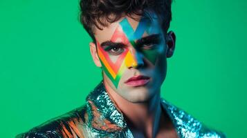 Striking portrait of a man with geometric face paint neon green background and a reflective metallic jacket photo