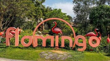 Large decorative Flamingo sign surrounded by pink flamingo sculptures in a lush garden, suggesting themes of nature and relaxation photo