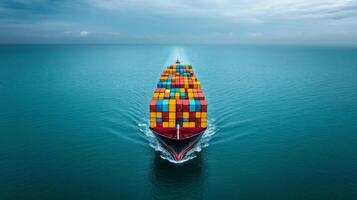 Aerial view of a container ship cutting through the open ocean multi colored cargo containers arranged in perfect rows on its deck smooth sea below photo