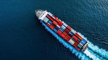 Birds eye shot of a cargo ship navigating through dark blue ocean waters containers stacked in organized patterns white wake trailing behind photo