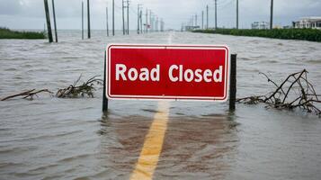 Coastal town street submerged in deep water with bright red Road Closed signs blocking the path debris and broken branches floating after hurricane photo