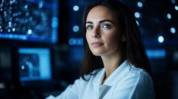 Female astrophysicist working in a dark observatory beside a massive telescope tracking distant stars and galaxies illuminated only by computer screens photo