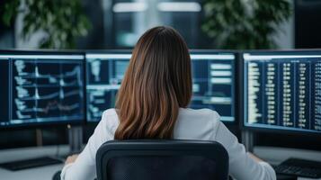 Female data scientist working with complex algorithms on multiple monitors her workspace filled with charts and graphs showing data patterns in real time photo