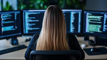 Female ethical hacker sitting at her desk surrounded by multiple screens coding furiously as digital data streams across her monitors photo