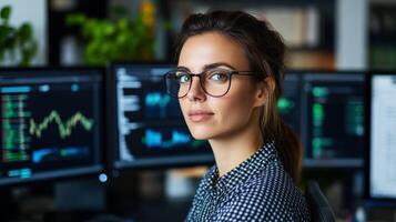 Female data scientist working with complex algorithms on multiple monitors her workspace filled with charts and graphs showing data patterns in real time photo