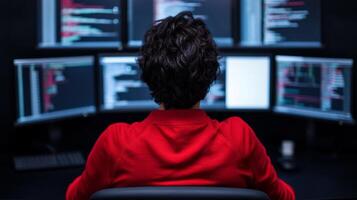 Female ethical hacker sitting at her desk surrounded by multiple screens coding furiously as digital data streams across her monitors photo