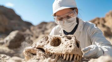 Female paleontologist excavating ancient fossils in a desert landscape her hands carefully brushing away dust from a massive dinosaur bone as the sun beats down photo