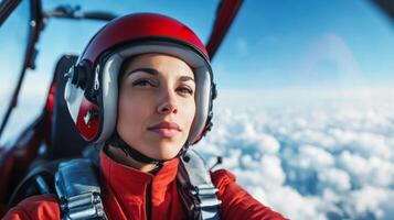 Female stunt pilot in a sleek red aircraft performing aerial maneuvers high above the clouds her intense expression showing concentration as she grips the controls photo