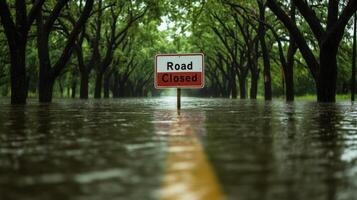 Flooded rural road surrounded by trees after hurricane rain Road Closed signs partially submerged in the dirty floodwaters scattered branches everywhere photo