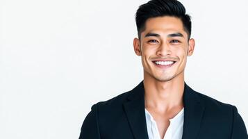 Handsome East Asian man smiling confidently with short black hair and a sharp jawline dressed in a sleek dark blazer isolated on a white background photo