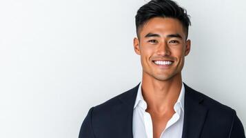 Handsome East Asian man smiling confidently with short black hair and a sharp jawline dressed in a sleek dark blazer isolated on a white background photo