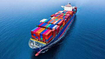 High altitude view of a large container vessel moving across the open sea with colorful shipping containers neatly arranged on its deck smooth waves parting below photo