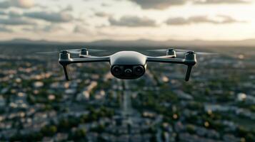Mapping drone flying over an urban area capturing 3D data of city streets and buildings its wide lens scanning every detail below for construction planning photo