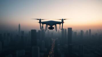 Mapping drone flying over an urban area capturing 3D data of city streets and buildings its wide lens scanning every detail below for construction planning photo