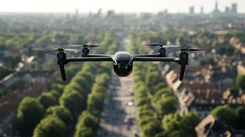 Mapping drone flying over an urban area capturing 3D data of city streets and buildings its wide lens scanning every detail below for construction planning photo