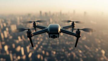 Mapping drone flying over an urban area capturing 3D data of city streets and buildings its wide lens scanning every detail below for construction planning photo