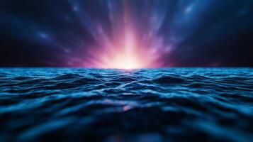 Multi colored sound frequencies pulse through space sharp blues greens and purples vibrating like strands of light in a dark abyss photo