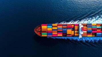 Overhead view of a massive container cargo ship moving across the deep blue ocean neatly stacked colorful shipping containers covering its deck white wake trailing behind photo