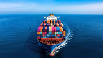 Overhead view of a massive container cargo ship moving across the deep blue ocean neatly stacked colorful shipping containers covering its deck white wake trailing behind photo