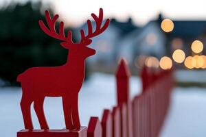 Reindeer themed decorations in Finnish Lapland towns, background with empty space for text photo