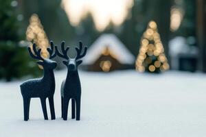 Reindeer themed decorations in Finnish Lapland towns, background with empty space for text photo