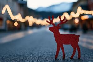 Reindeer themed decorations in Finnish Lapland towns, background with empty space for text photo