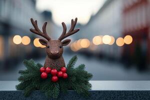 Reindeer themed decorations in Finnish Lapland towns, background with empty space for text photo