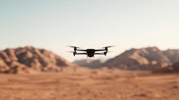 Surveillance drone flying over an arid desert landscape monitoring wildlife migration with precise sensors heat waves shimmering below photo