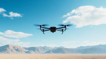 Surveillance drone flying over an arid desert landscape monitoring wildlife migration with precise sensors heat waves shimmering below photo