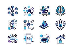 Discover a vibrant set of technology icons featuring costume illustrations perfect for enhancing your design projects. These unique icons blend technology with creativity. vector
