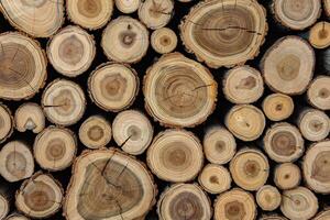 Pile of firewood in a forest. Background of wooden logs stacked in a pile. Wood texture. photo