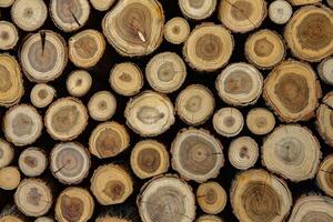 Pile of firewood in a forest. Background of wooden logs stacked in a pile. Wood texture. photo
