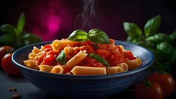 Delicious Rigatoni in Tomato Sauce with Fresh Basil and Parmesan Cheese photo