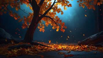 Enchanted Autumn Scene with Golden Leaves Falling from a Majestic Tree photo