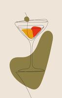 A cocktail with a variation of a dry martini in a special glass. A transparent gin-based drink decorated with olives. vector