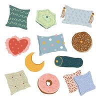 Set of Textile Patterned Pillows. Home decor in Hygge style. Bundle with Scandinavian pillows in various shapes for the living room or bedroom. Isolated Flat illustrations on a white background vector