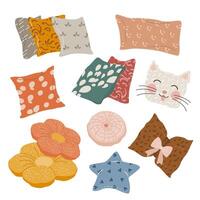 Set of Textile Patterned Pillows. Home decor in Hygge style. Bundle with pillows in various shapes for the living room or bedroom. Isolated Flat illustrations on a white background. vector