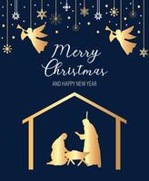 Greeting card Merry Christmas and Happy New Year with nativity scene and angels. Blue and gold. graphics vector